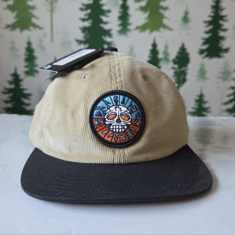 Billabong Tan Corduroy Cap with Black Brim and Multicolor Skull Patch